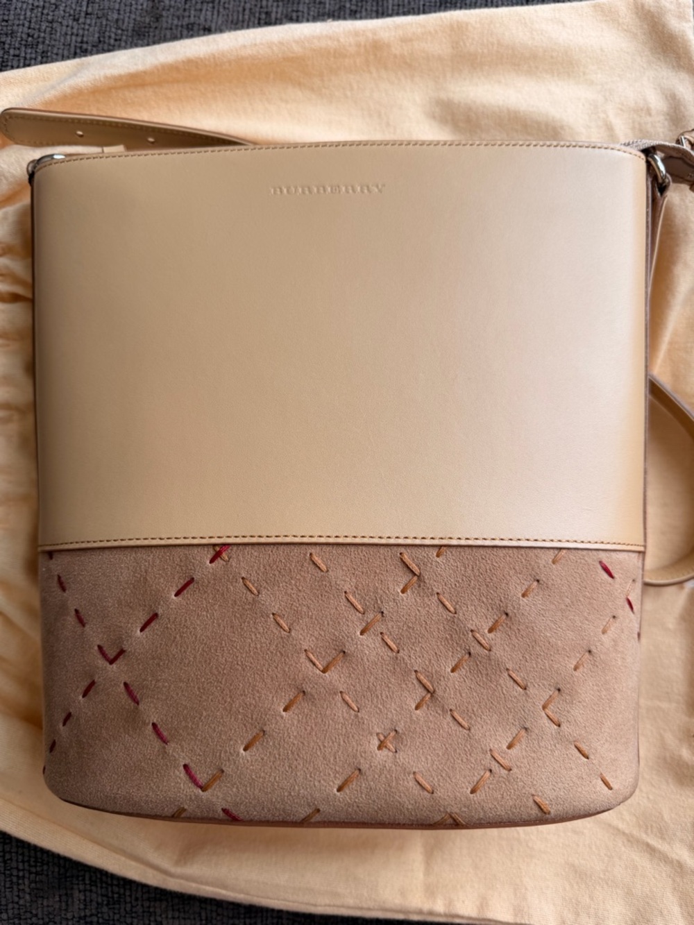 Authentic Burberry Beige & Taupe Suede Leather Crossbody Bag